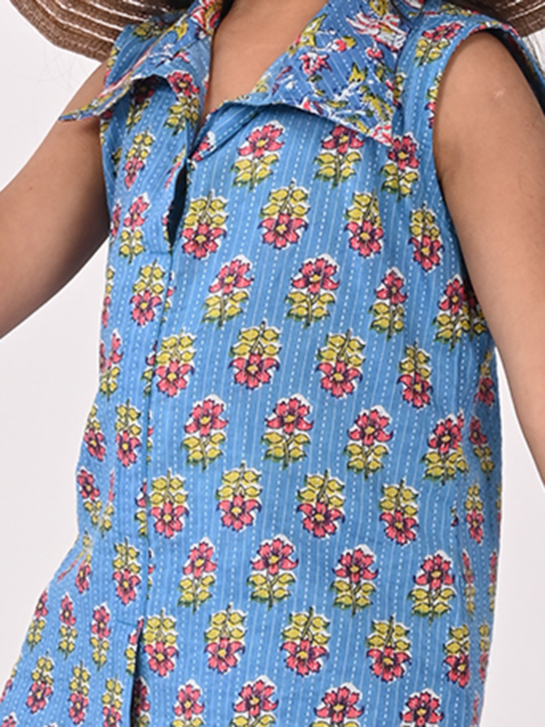 Blue Cotton Floral Printed Sleevless shirt style Top