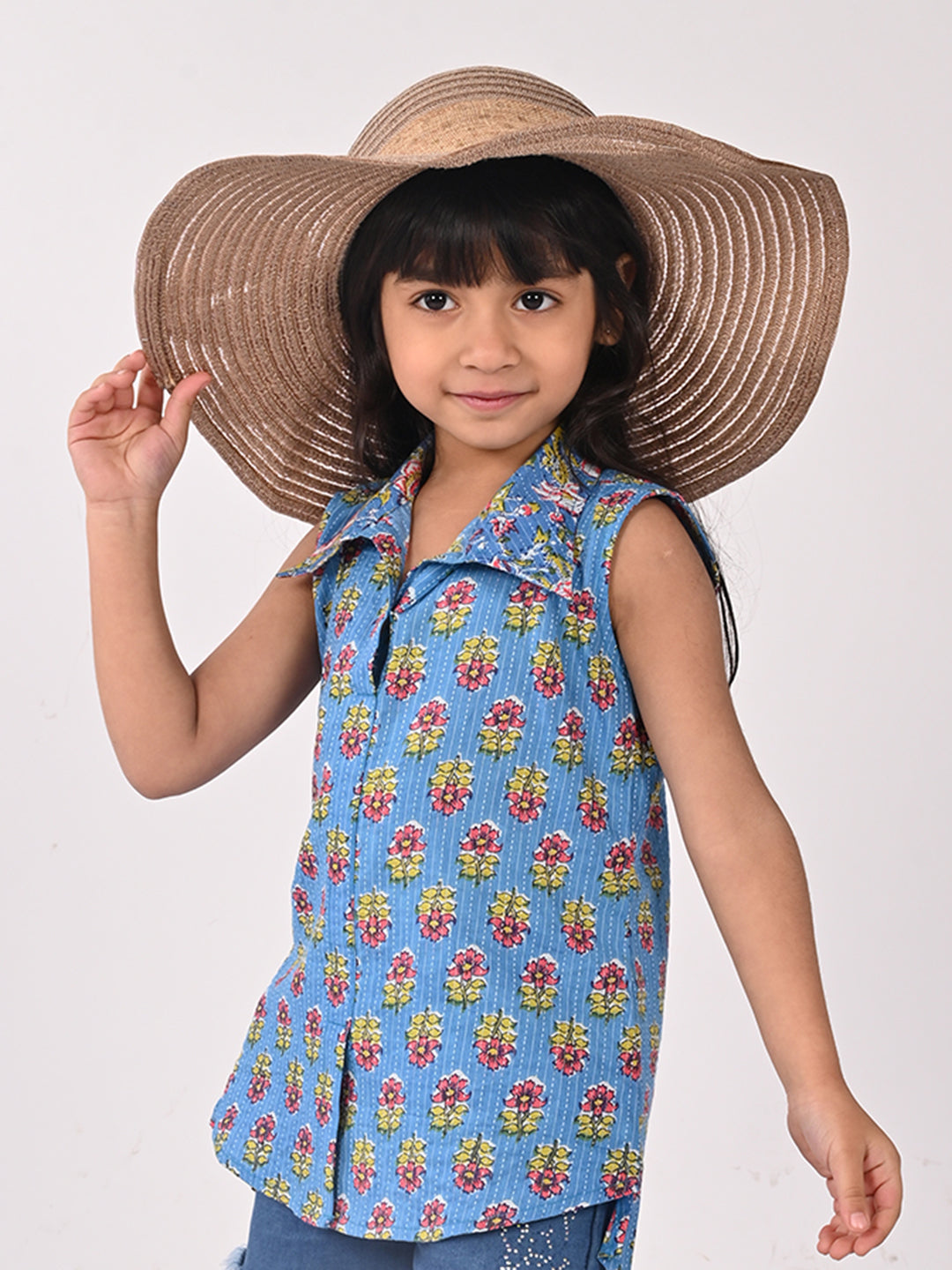 Blue Cotton Floral Printed Sleevless shirt style Top