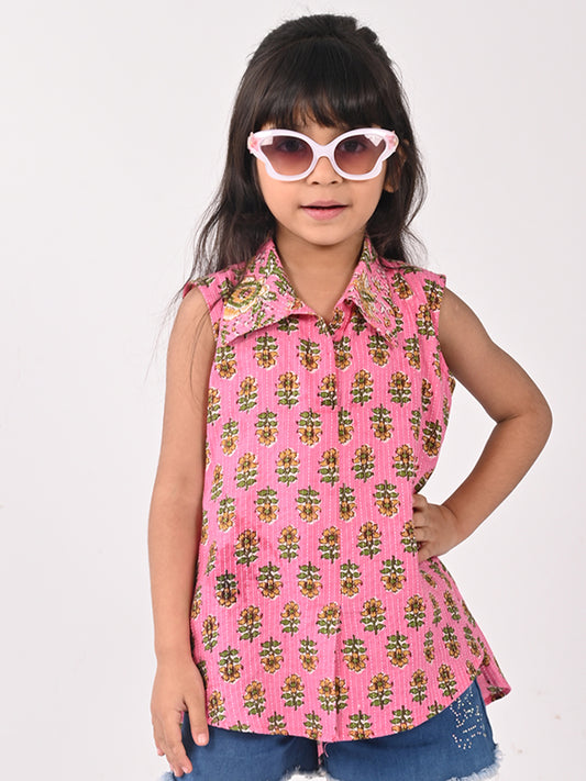 Pink Cotton Floral Printed Sleevless shirt style Top
