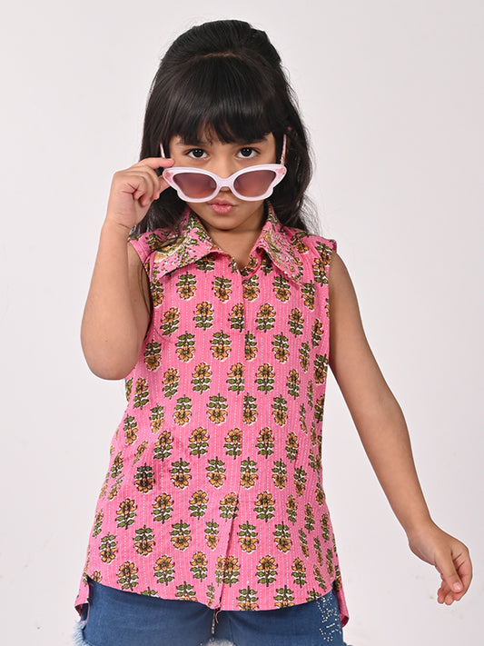 Pink Cotton Floral Printed Sleevless shirt style Top