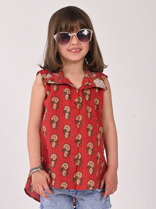 Red Cotton Floral Printed Sleevless shirt style Top