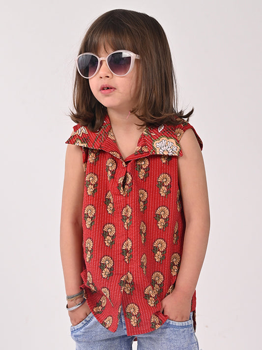 Red Cotton Floral Printed Sleevless shirt style Top