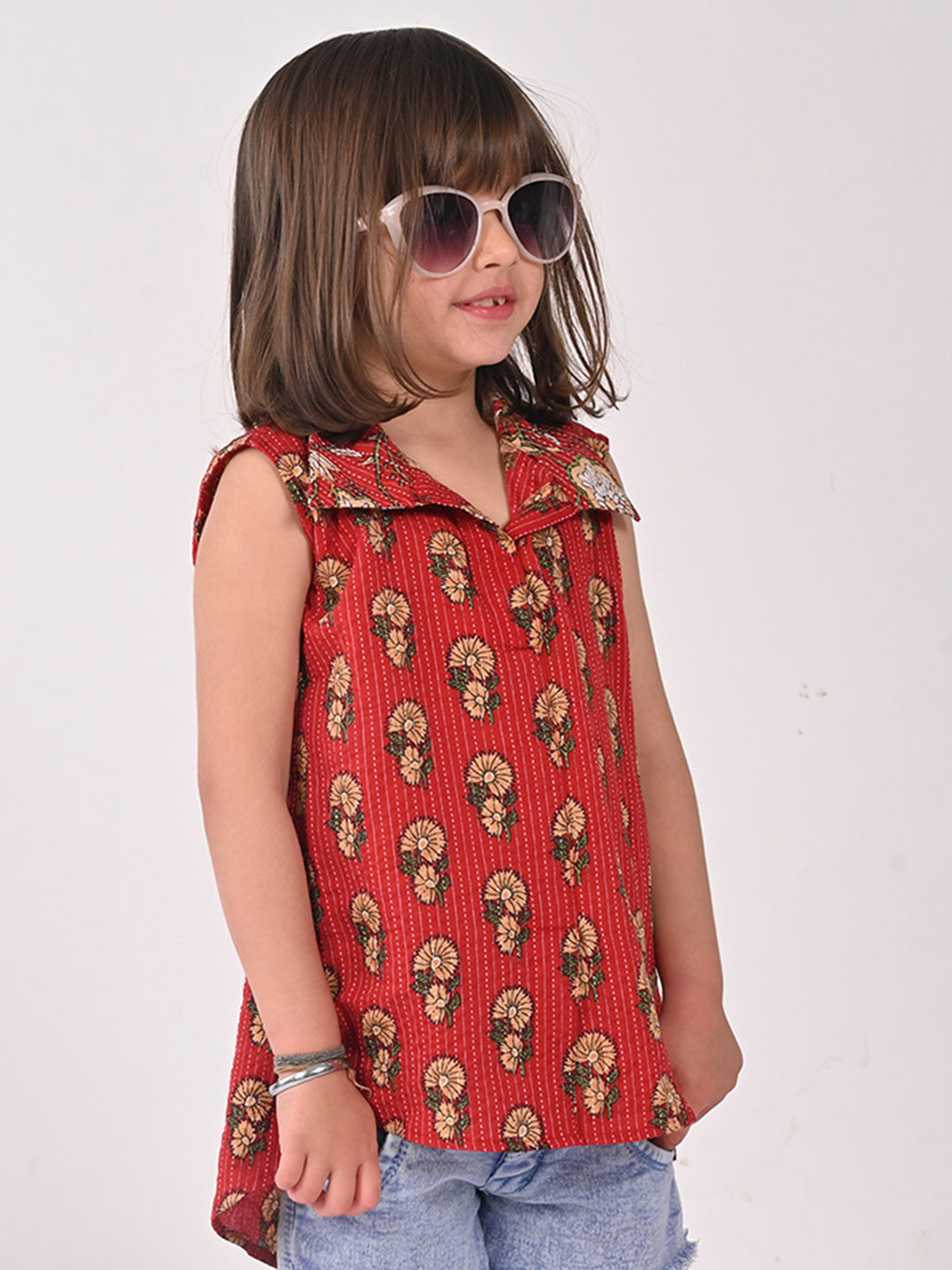 Red Cotton Floral Printed Sleevless shirt style Top