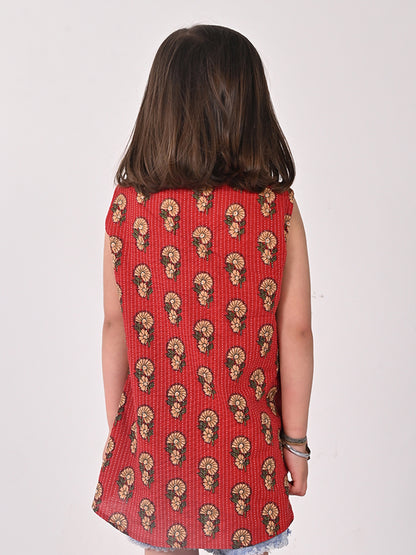 Red Cotton Floral Printed Sleevless shirt style Top
