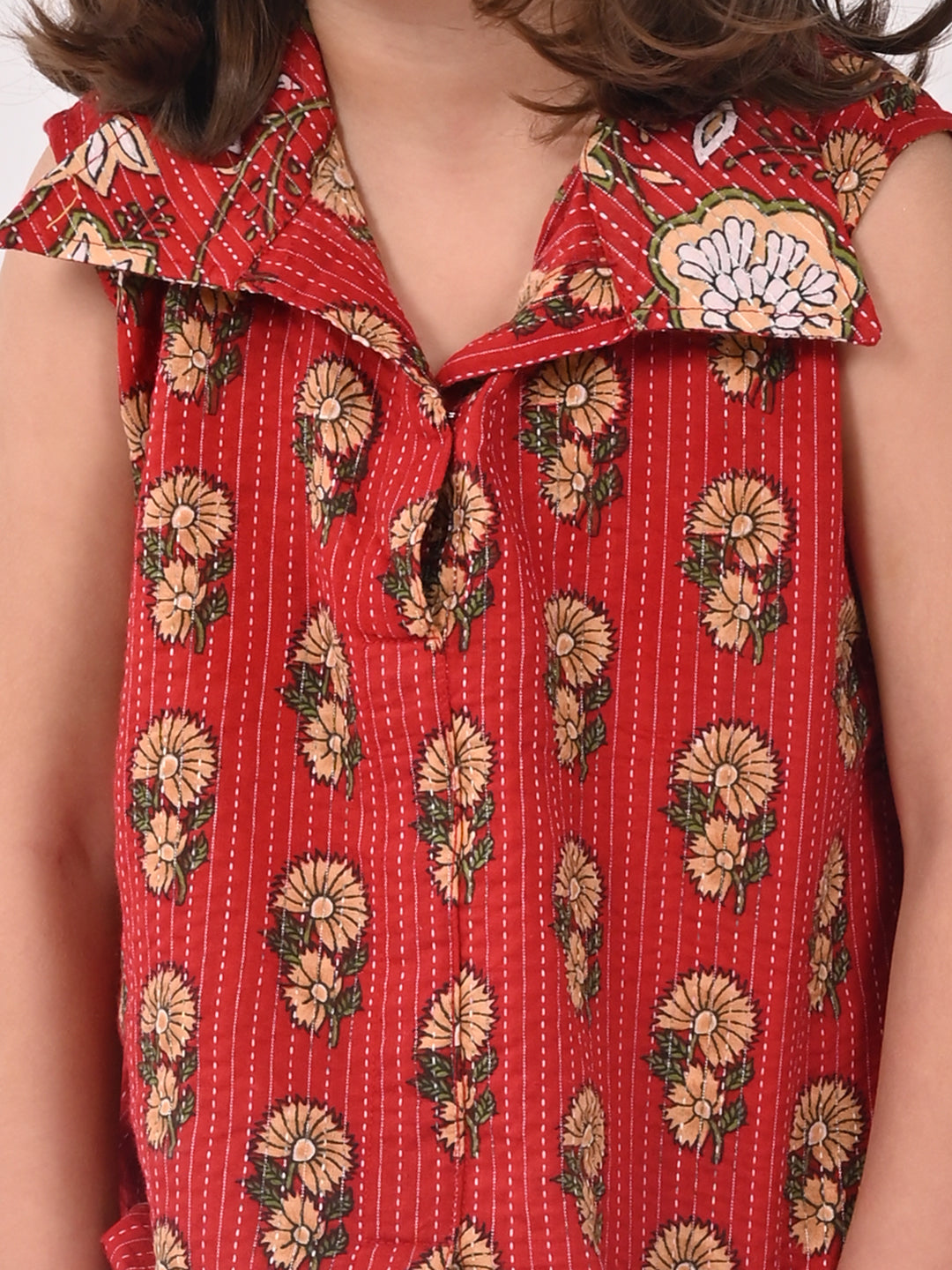 Red Cotton Floral Printed Sleevless shirt style Top