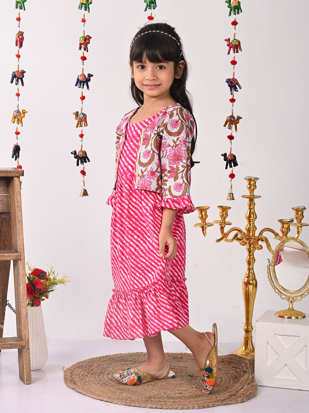 Pink lehriya Dress with printed jacket