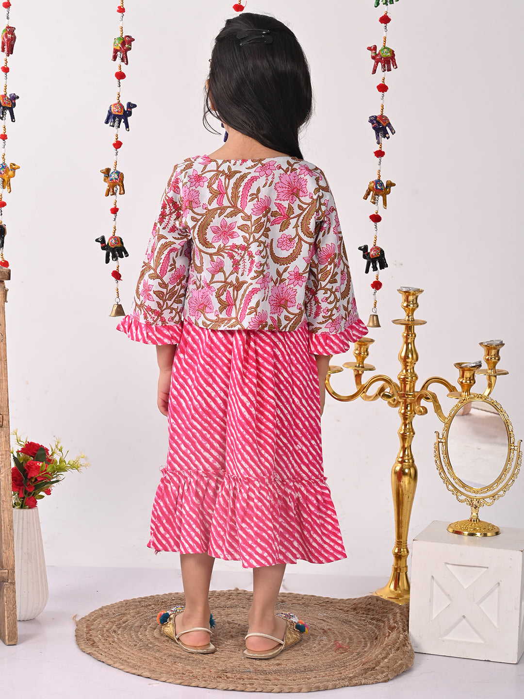 Pink  lehriya Dress with printed  jacket