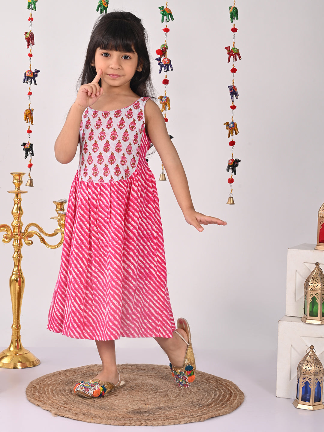 Pink lehriya Dress with patchwork