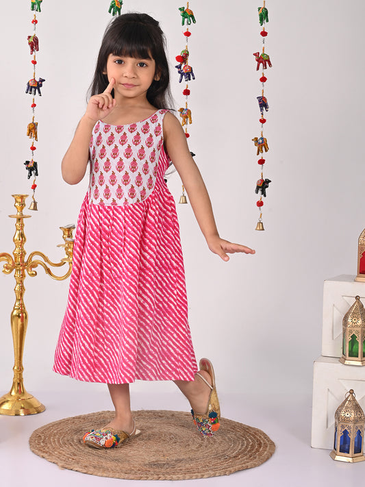 Pink  lehriya Dress with patchwork