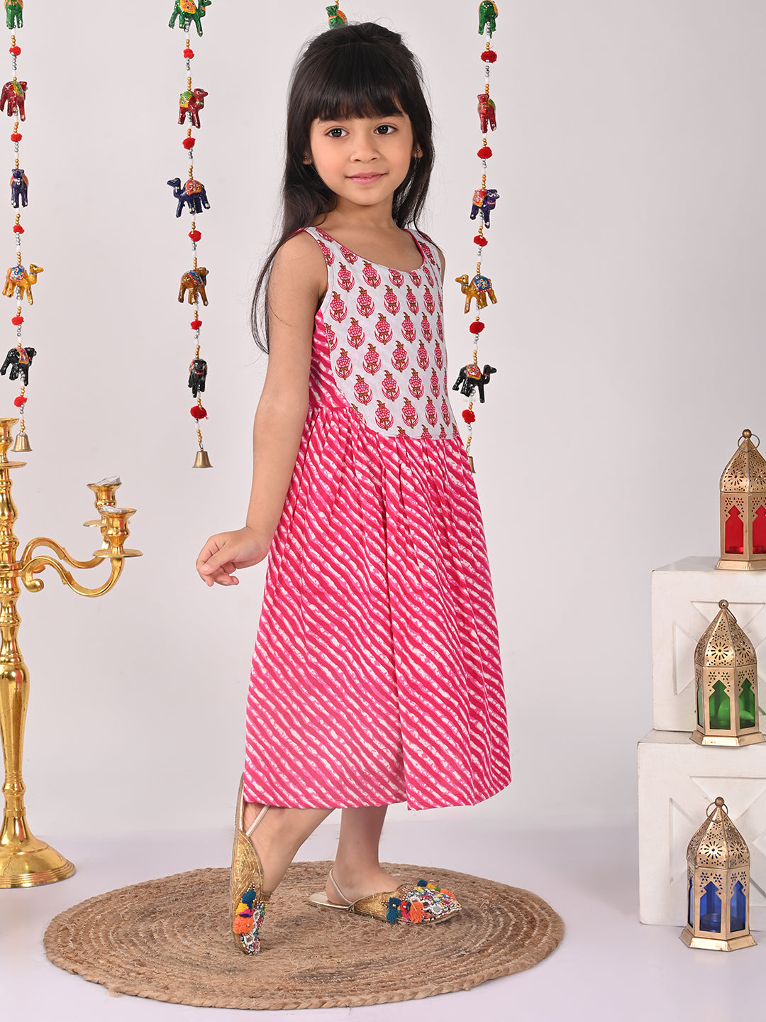 Pink lehriya Dress with patchwork