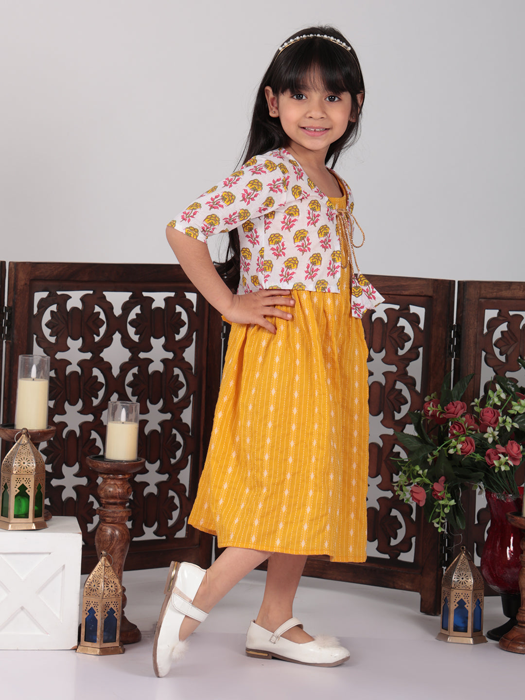 Yellow Dress with white printed jacket