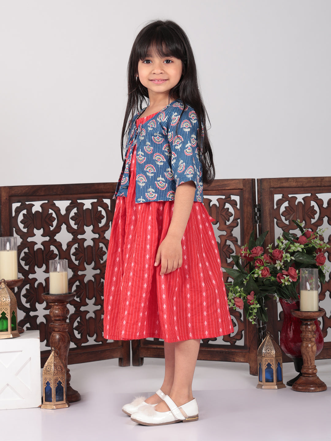 Red Dress with blue printed jacket