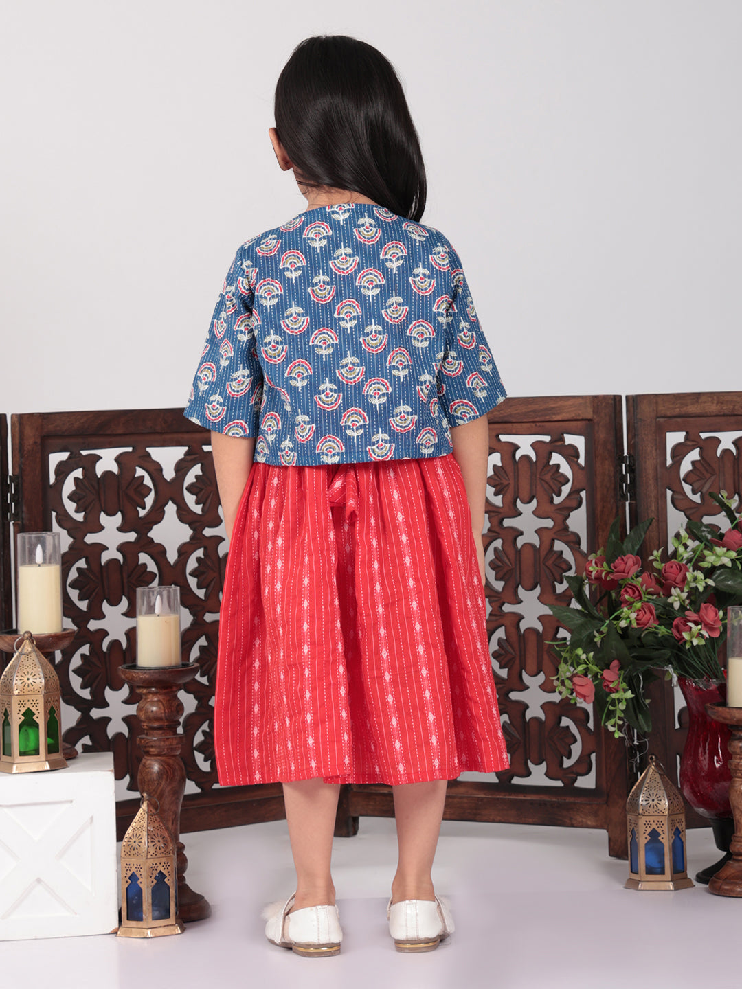 Red Dress with blue printed jacket