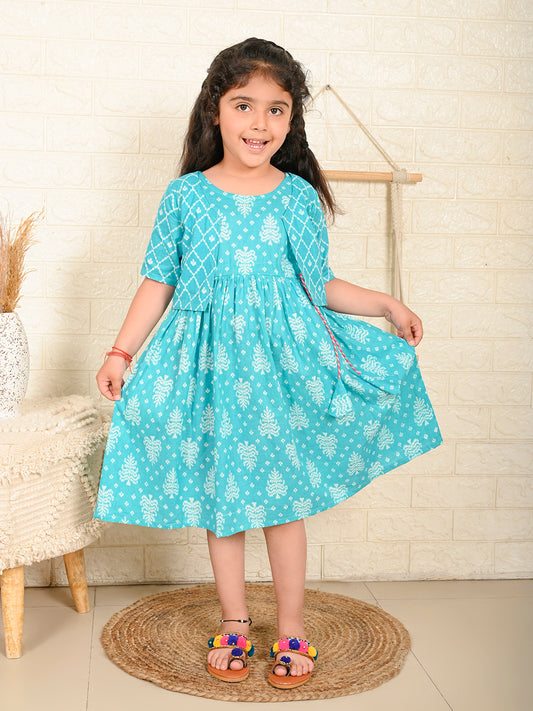 Blue Dress with blue printed jacket