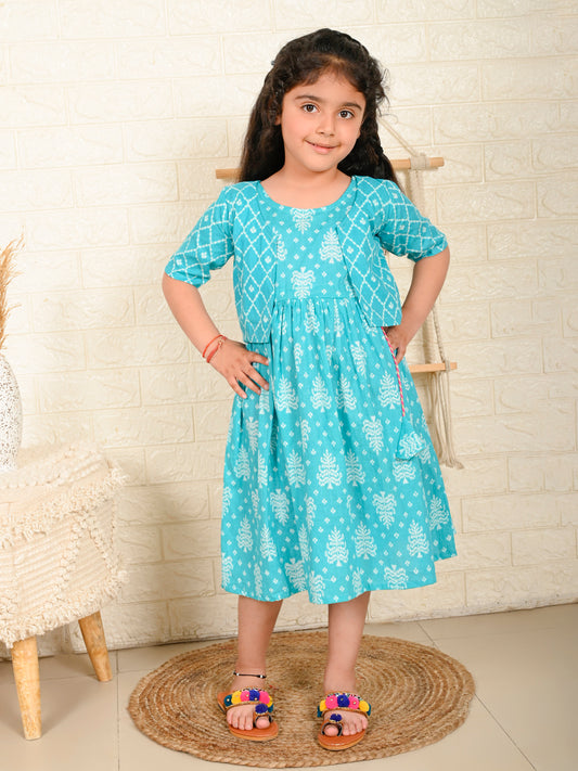 Blue Dress with blue printed jacket