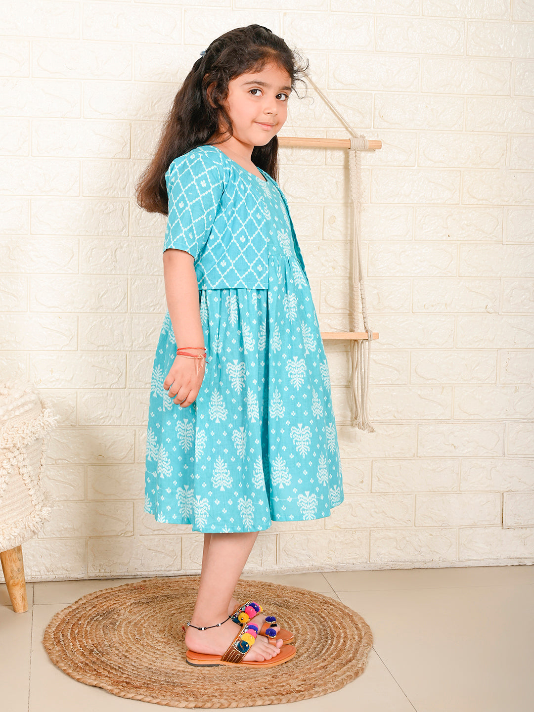 Blue Dress with blue printed jacket