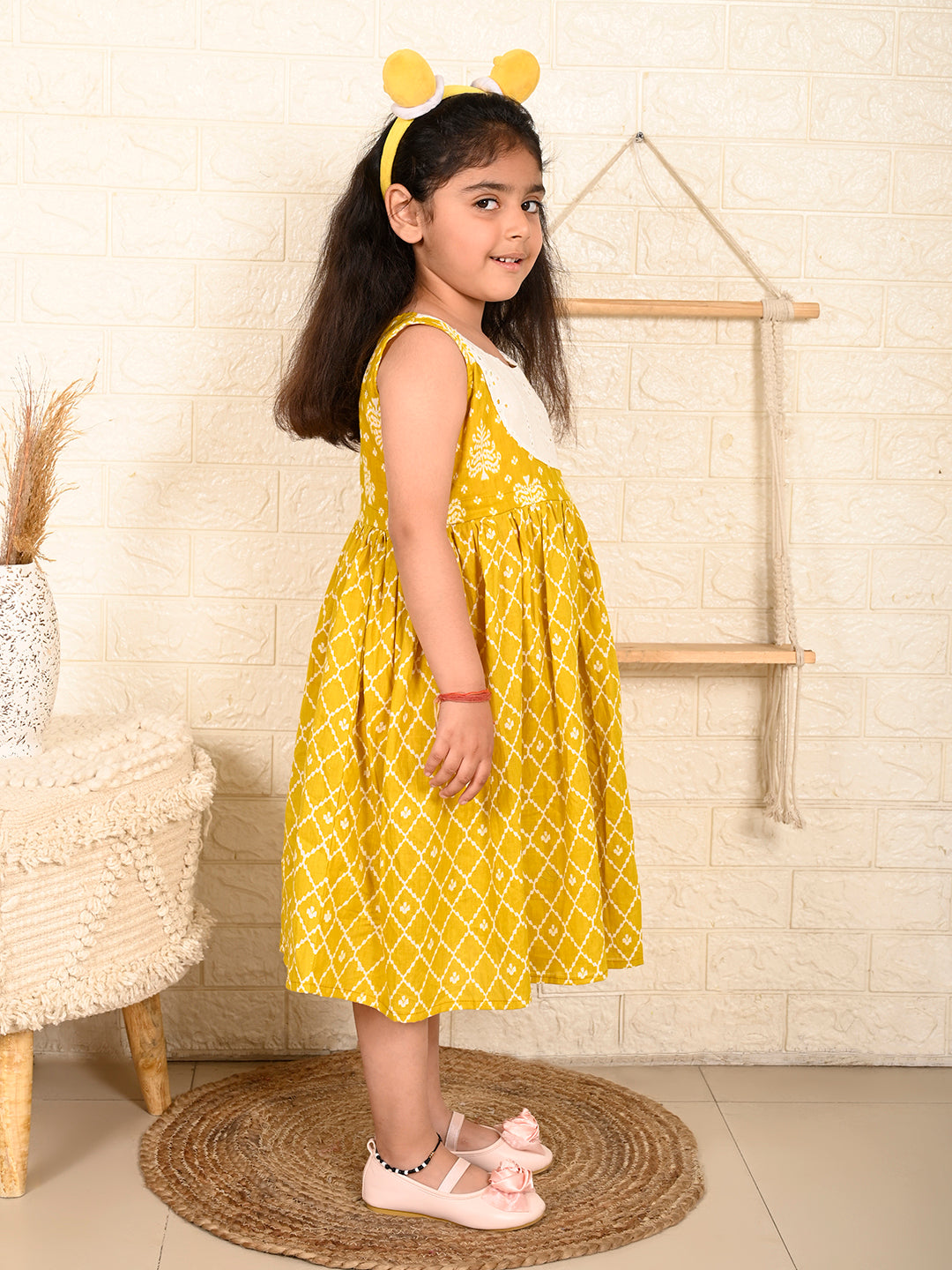 Yellow Sleeveless Dress with white patchwork at neck
