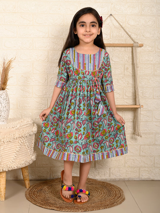 Blue Floral Half Sleeves Dress adjustable at waist