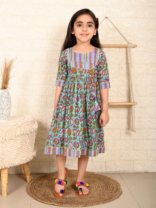 Blue Floral Half Sleeves Dress adjustable at waist