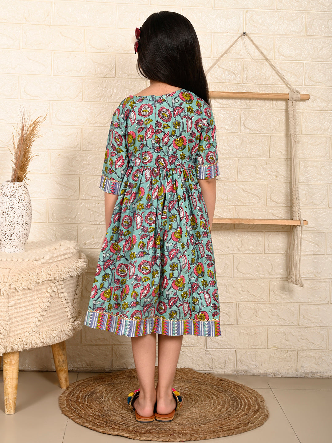 Blue Floral Half Sleeves Dress adjustable at waist