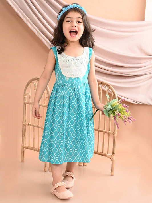 Blue Sleeveless Dress with white patchwork at neck