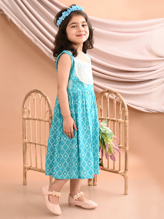 Blue Sleeveless Dress with white patchwork at neck