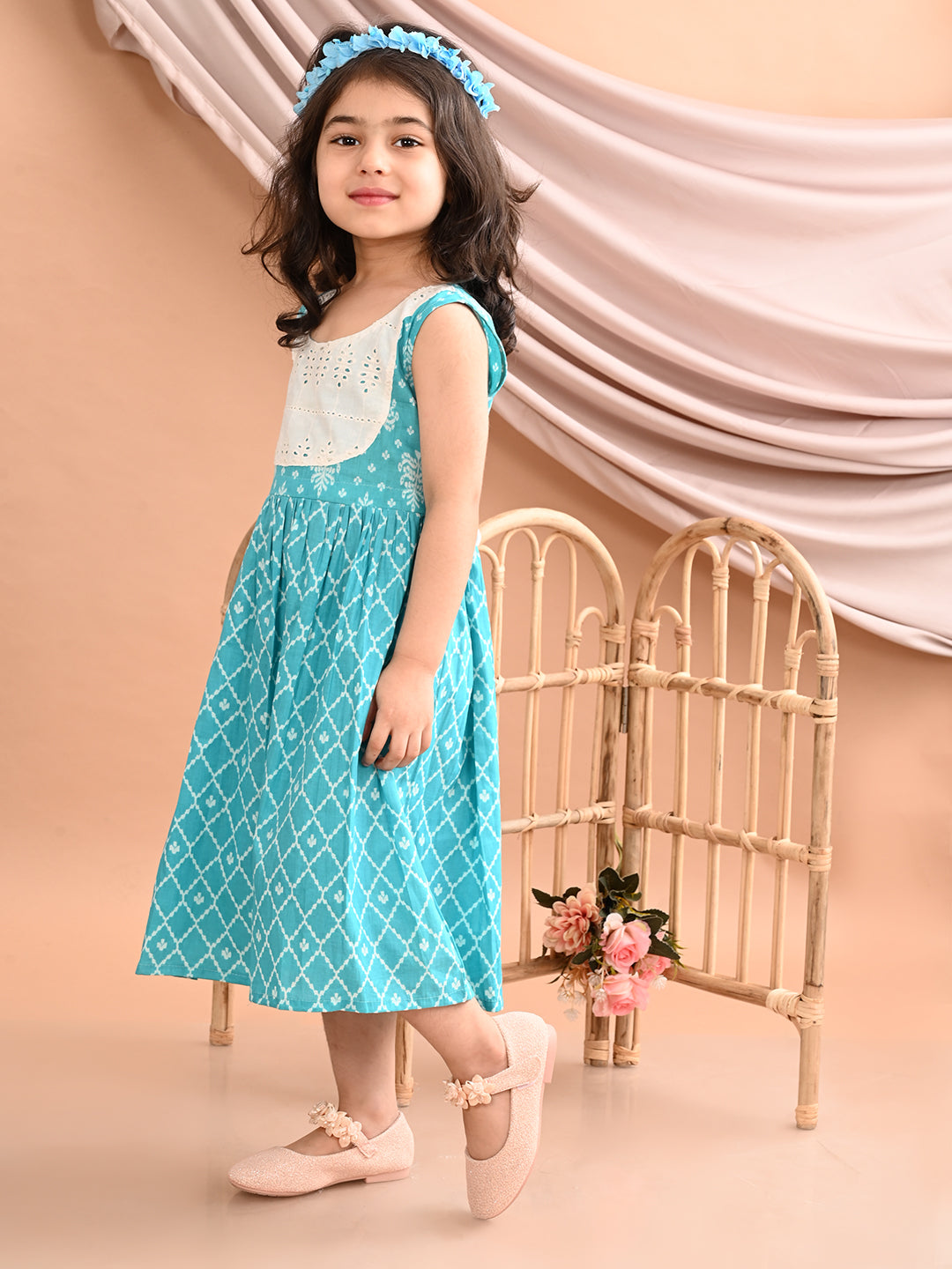 Blue Sleeveless Dress with white patchwork at neck