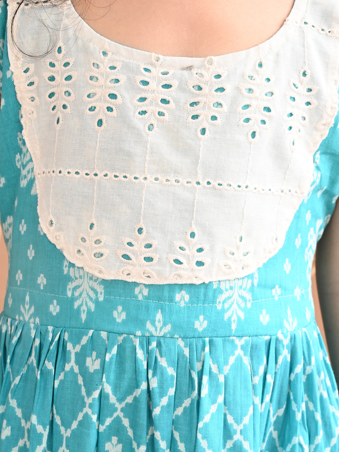 Blue Sleeveless Dress with white patchwork at neck