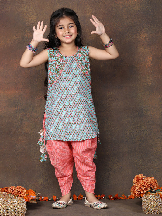 Blue Floral Printed sleeveless Kurti paired with peach Dhoti