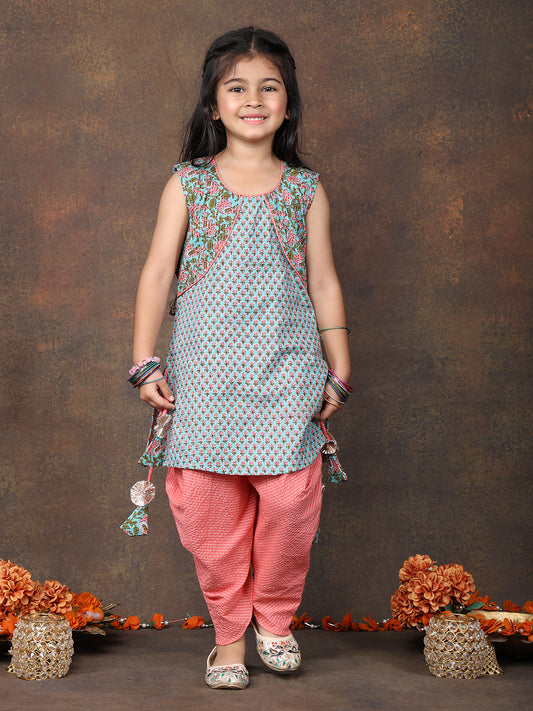Blue Floral Printed sleeveless Kurti paired with peach Dhoti