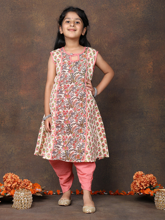 Peach Floral Printed angrakha style sleeveless Kurti paired with peach Dhoti