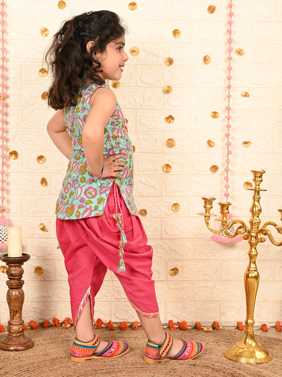Blue Floral printed Kurti with pink katha dhoti