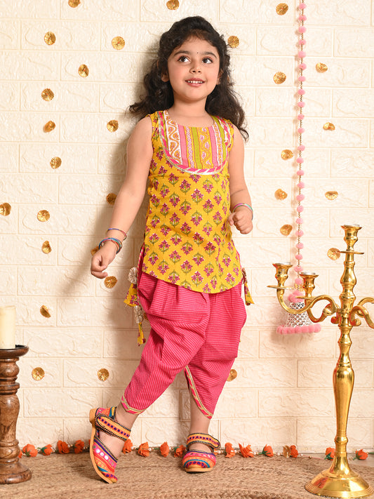 Yellow Floral printed Kurti with pink katha dhoti
