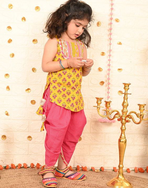 Yellow Floral printed Kurti with pink katha dhoti