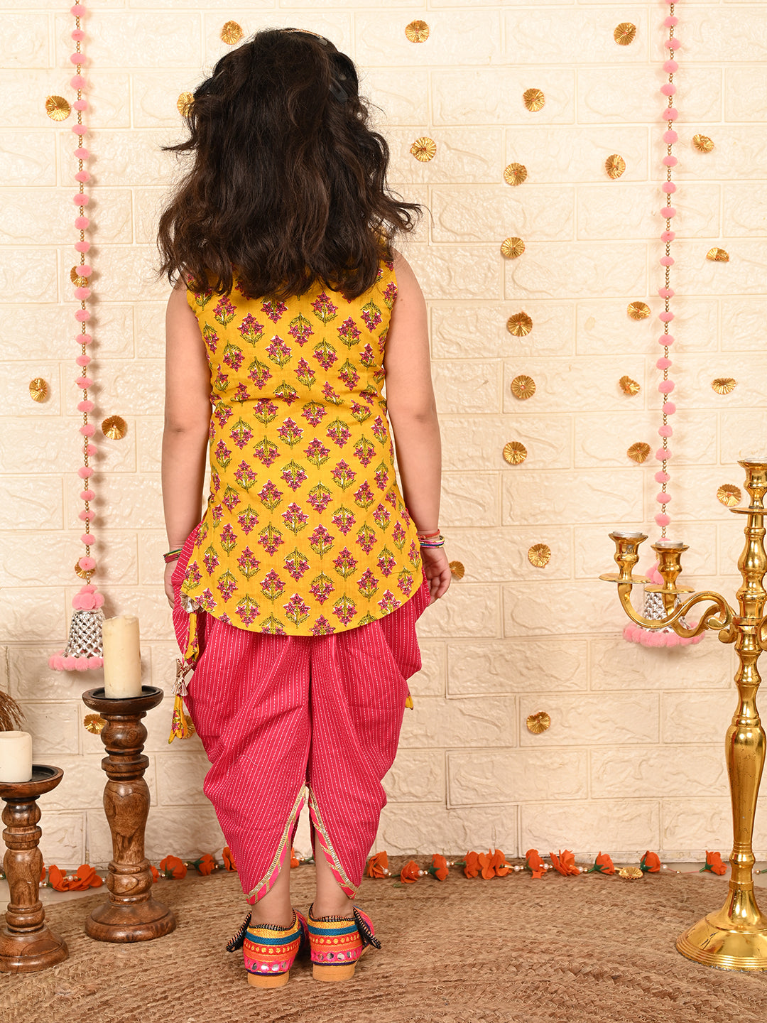 Yellow Floral printed Kurti with pink katha dhoti