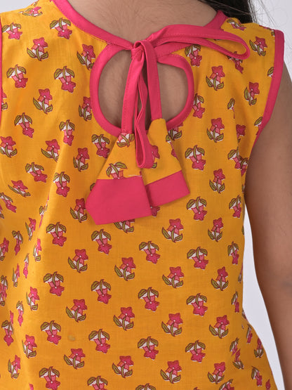 Yellow Floral printed Kurti with pink dhoti