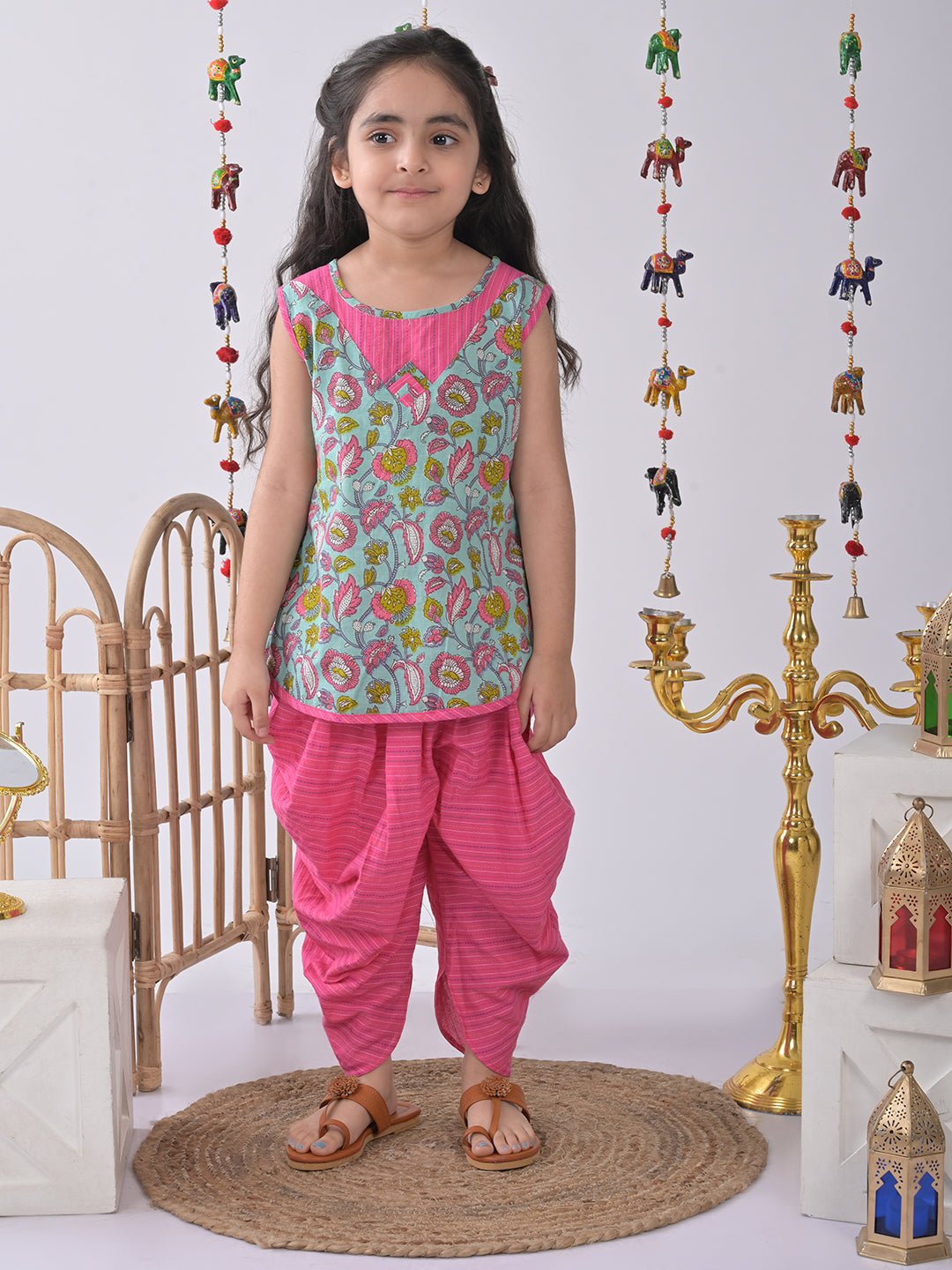 Blue Flora Kurti with pink dhoti