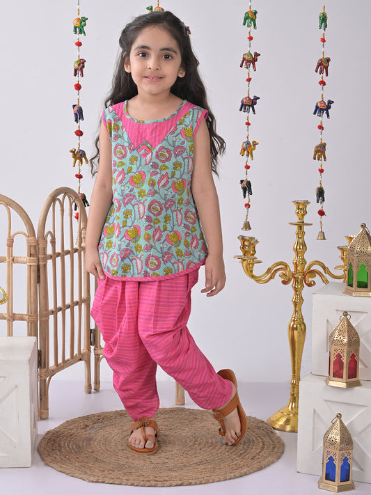 Blue Flora Kurti with pink dhoti