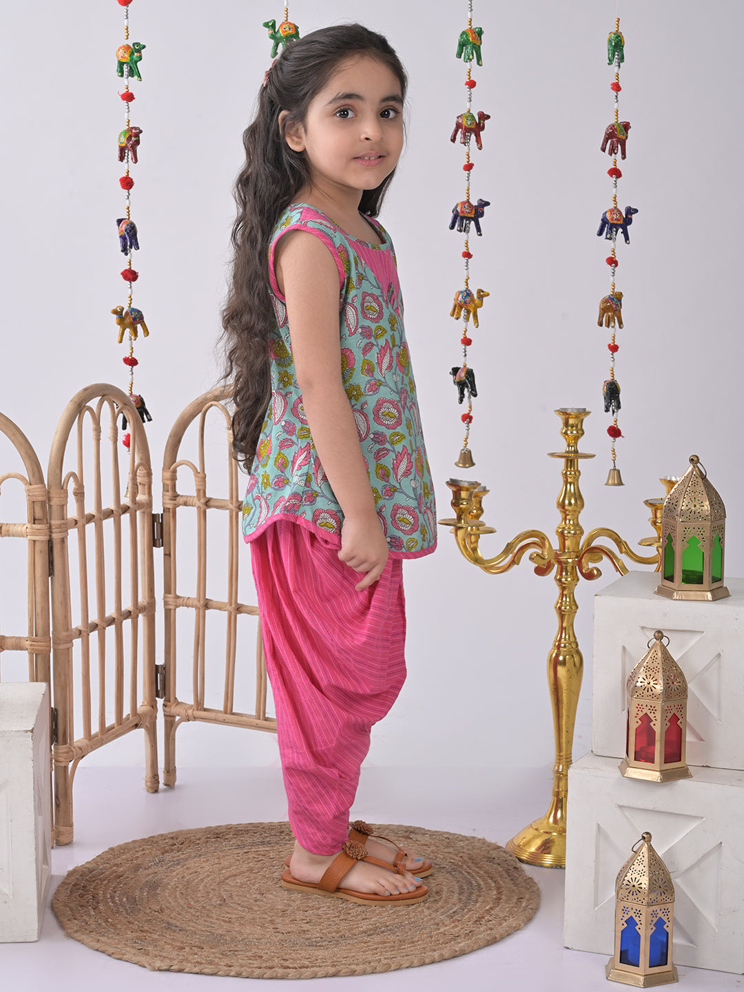 Blue Flora Kurti with pink dhoti
