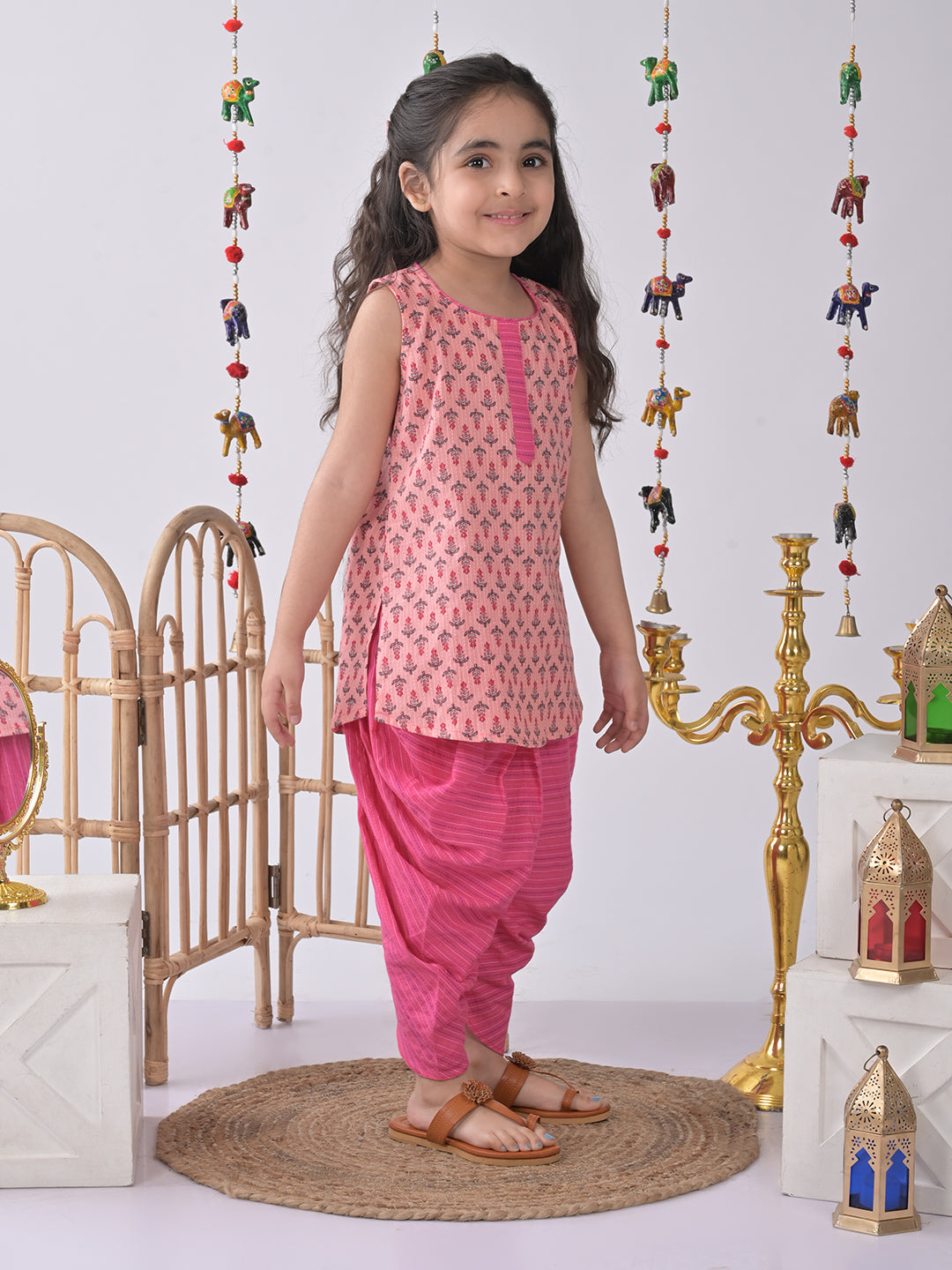 Pink printed katha Kurti with pink katha dhoti