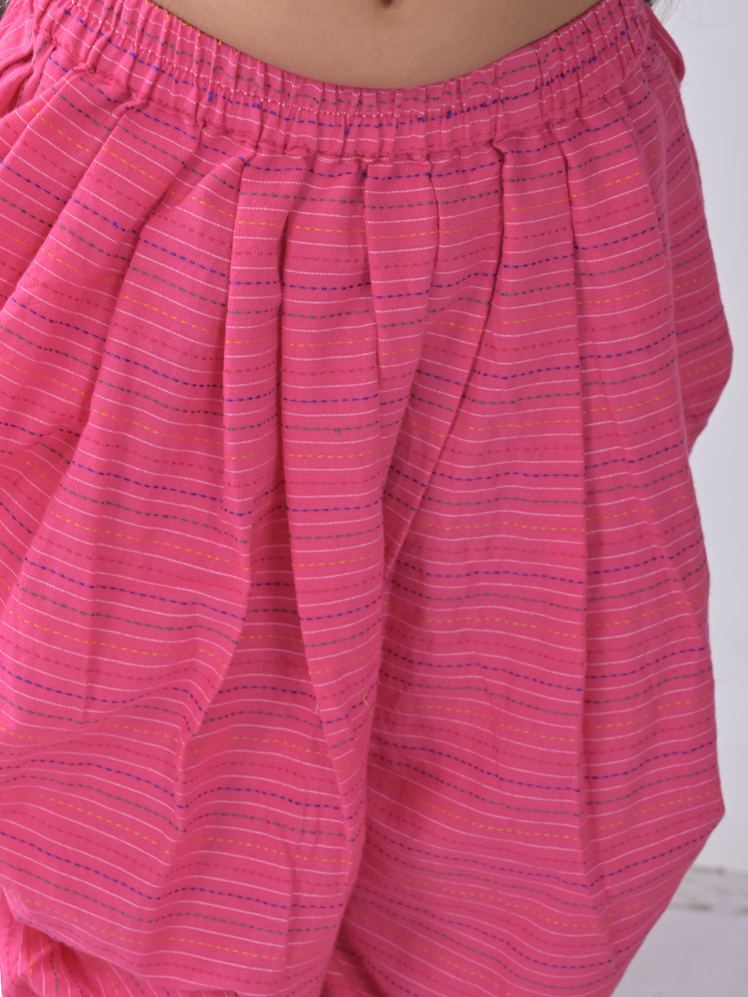 Pink printed katha Kurti with pink katha dhoti