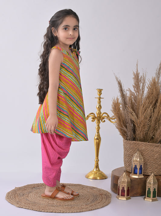 Multi Printed Kurti with pink katha dhoti