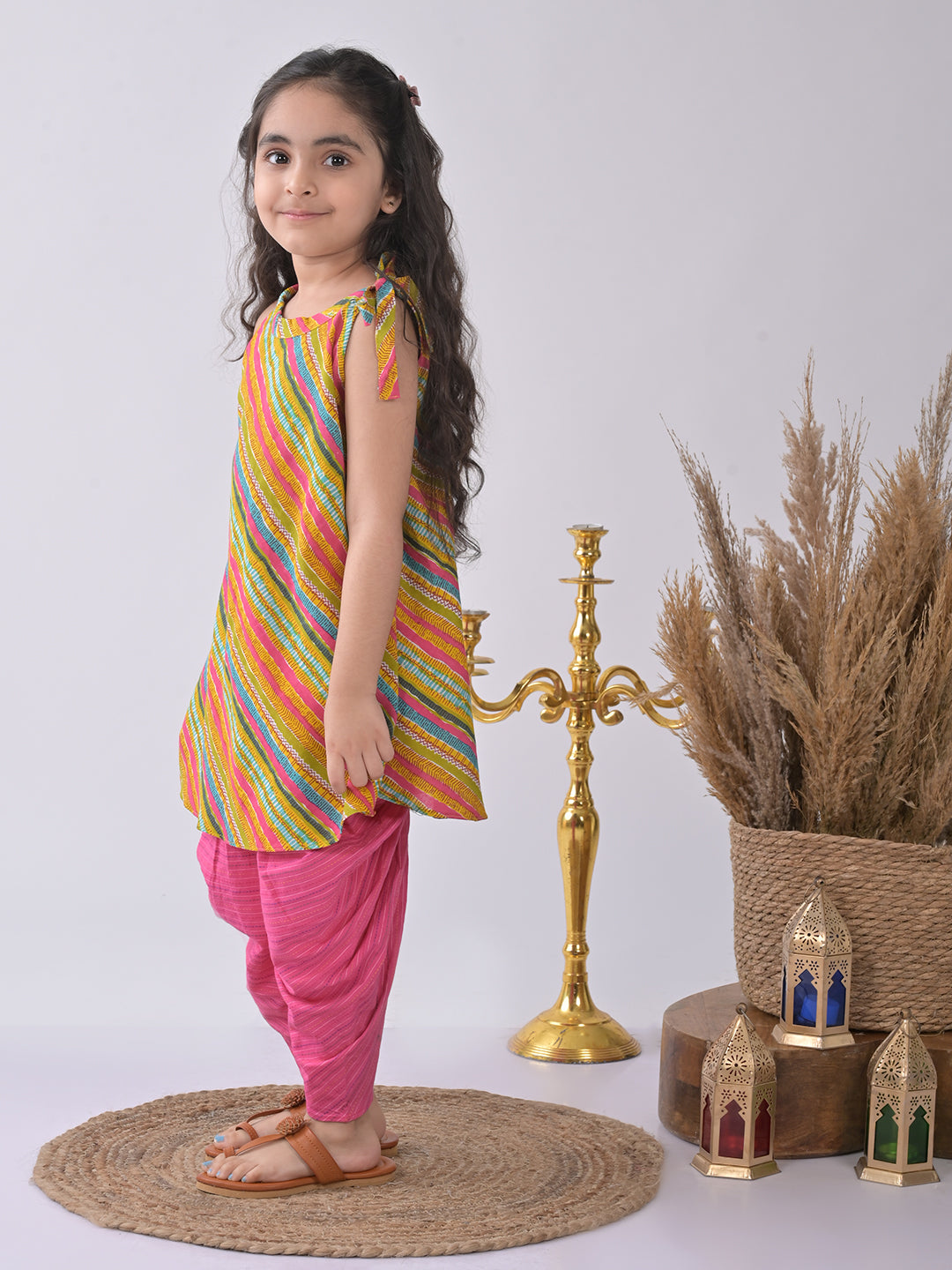 Multi Printed Kurti with pink katha dhoti