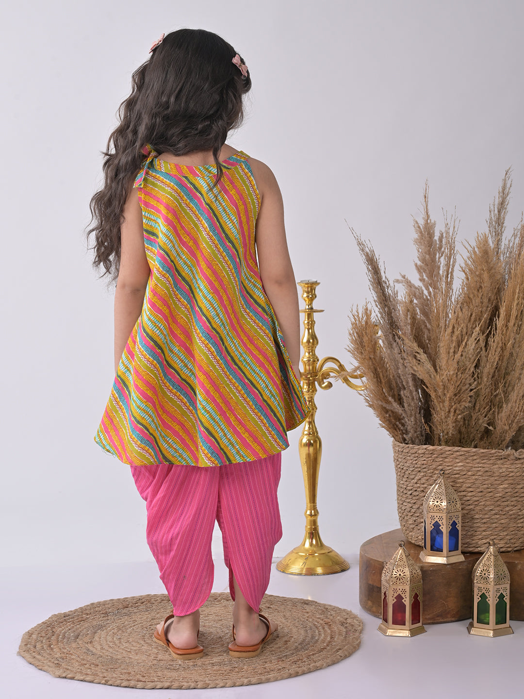 Multi Printed Kurti with pink katha dhoti