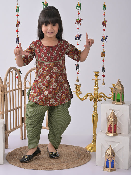 Maroon Printed Kurti with green katha dhoti