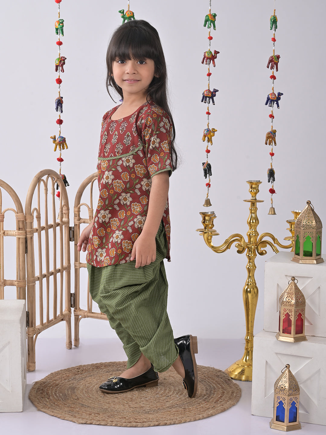 Maroon Printed Kurti with green katha dhoti