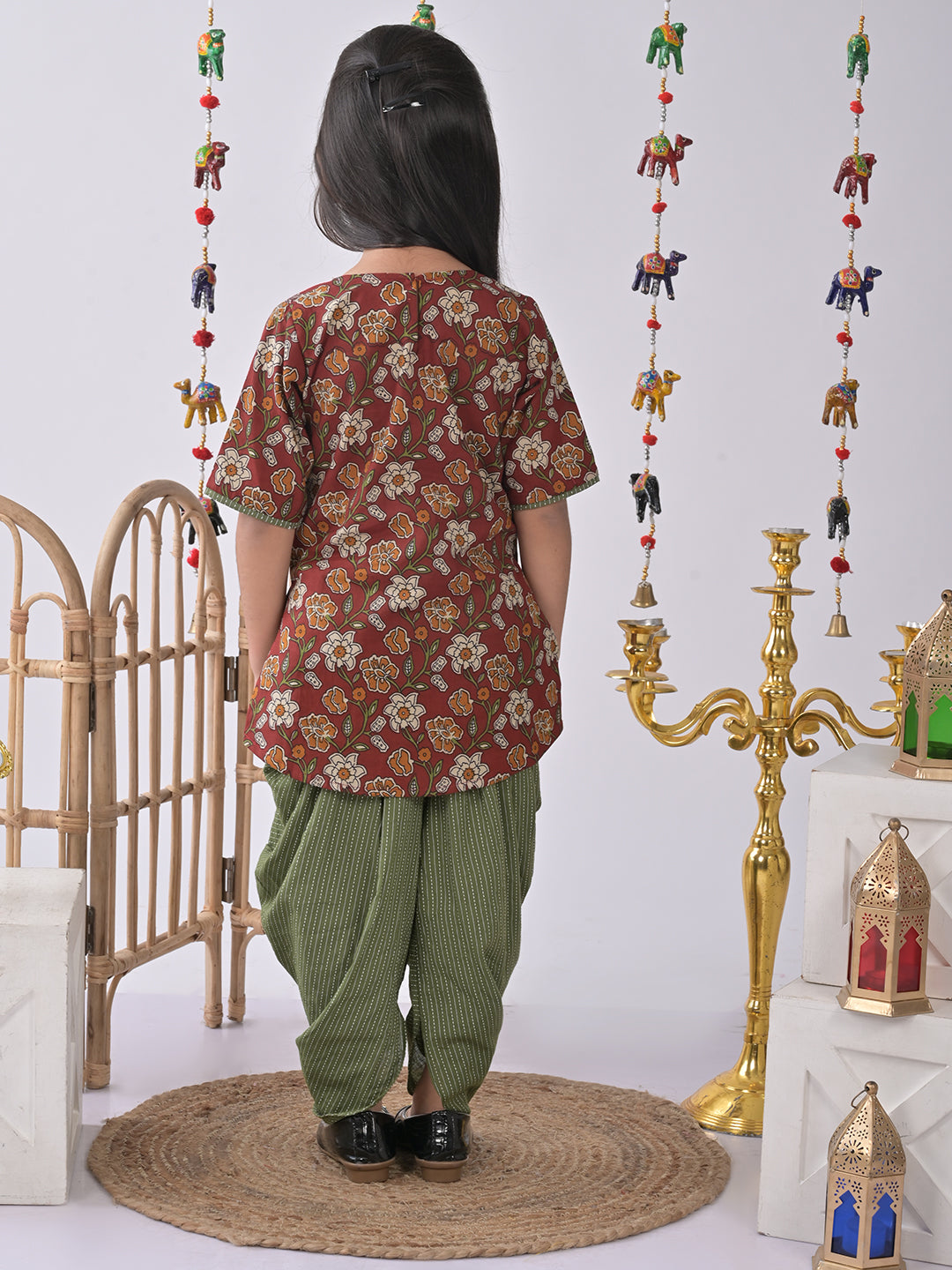 Maroon Printed Kurti with green katha dhoti