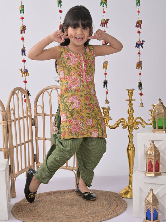 Yellow Printed Kurti with green katha dhoti