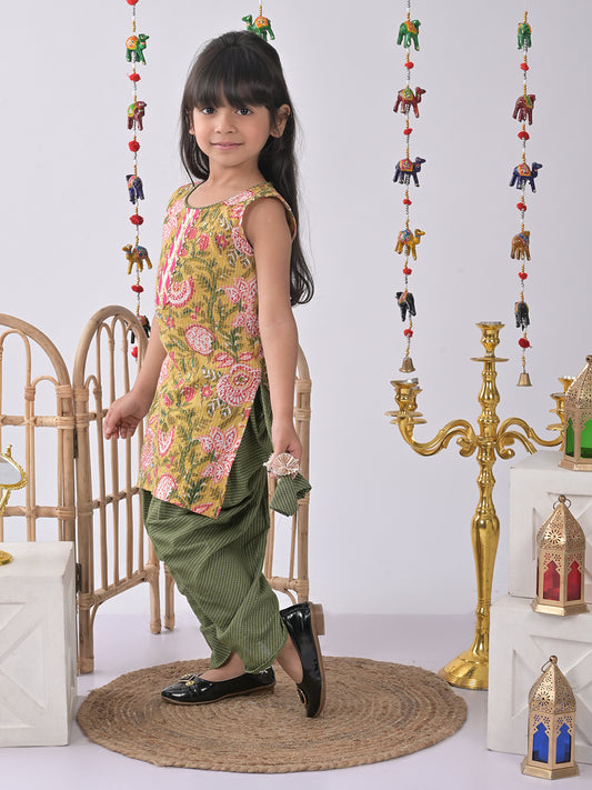 Yellow Printed Kurti with green katha dhoti