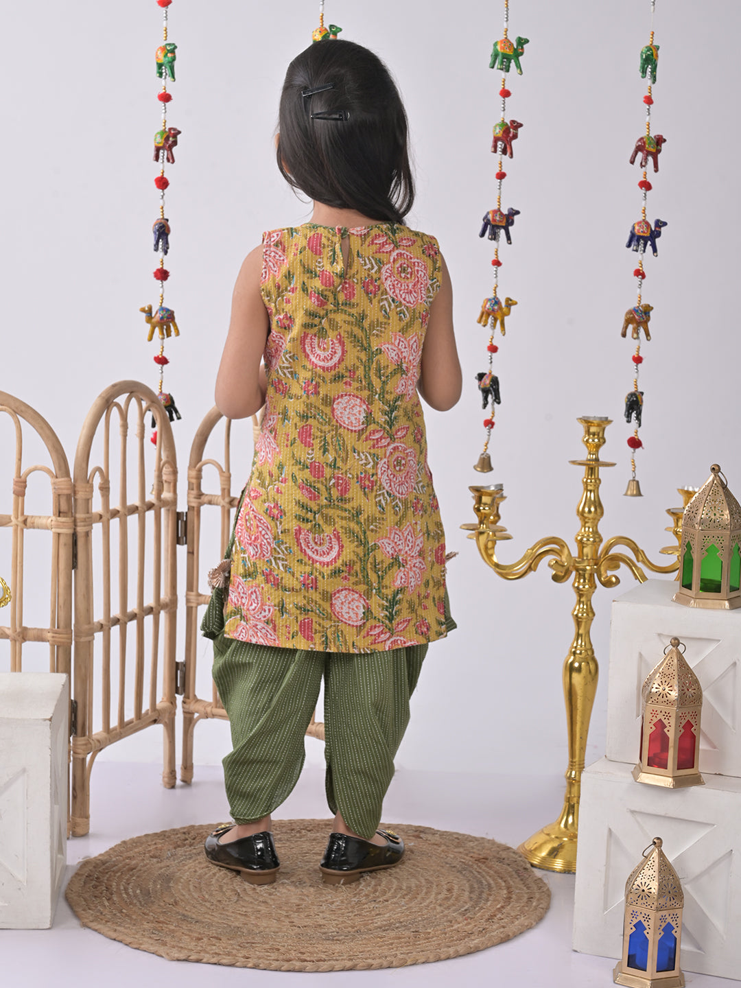 Yellow Printed Kurti with green katha dhoti